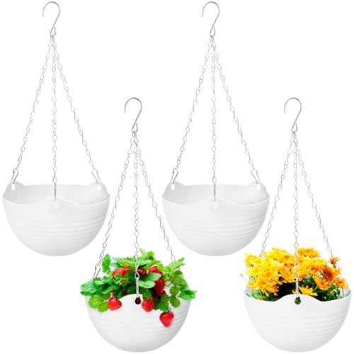 Bvrbaory 4 Pack 8 inch White Hanging Planters,Self-Watering Indoor Outdoor Plant Pots,Round Hanging Basket with Water Tray Metal Chain for Garden,Porch,Wall Decoration - size: 4 Pcs White