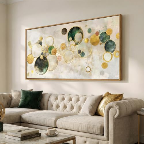 Extra Large Framed Green Gold Abstract Wall Art for Living Room, 36x72 In - color: Gold Circle A, size: 72"L x 36"W