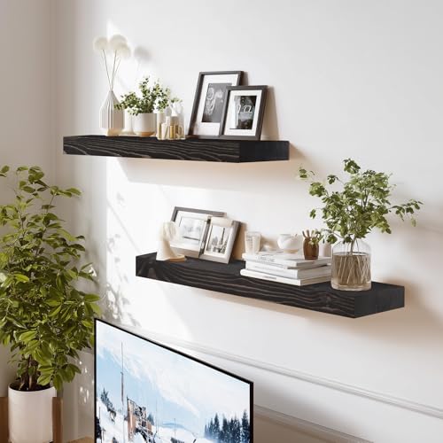 Solid Wood Floating Shelves, 24 Inch Wall Shelves, Set of 2, Black - color: Black, size: 24x8x1.6
