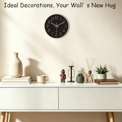 Modern Silent Wall Clock, 14 Inch Wall Clocks Battery Operated | Large Number, Non-Ticking Analog Clock with Tempered Glass Quartz Clocks for Living Room Bedroom Office Kitchen, Black Rose - color: Black Rose Gold, size: 14 Inch