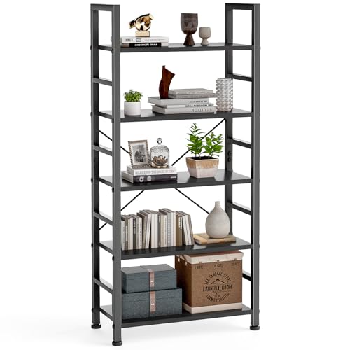 DUMOS 5 Tiers Open Bookshelf, Classic Freestanding Tall Display Shelf - color: Black, size: 5 Tier＆Open