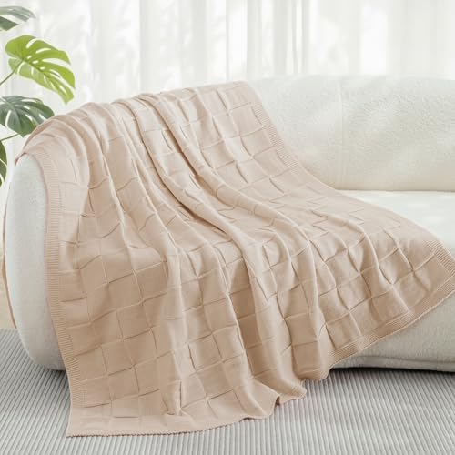 Whale Flotilla Checkered Knit Throw Blanket for Couch, Camel - color: Camel, size: 50x60 Inch