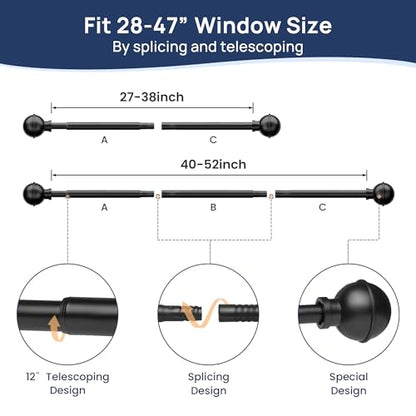 ENJOYBASICS No Drill Curtain Rods for Window 28 to 47 Inches, 5/8 Inch Diameter Renter Friendly Drapery Rod with Adhesive Brackets without Drilling, Adjustable from 27 to 52 Inches, Black (Pack of 2) - color: Black, size: 27-52" (Pack of 2)