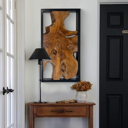 Warmaxx Teak Natural Wood Wall Art Decoration 31.6" x 15.8" Rectangle Farmhouse Wall Art Décor Home Living Room Vintage Accent Bedroom Office Rustic Handcrafted Wooden Floral Design - size: 31.6"L x 15.8"W