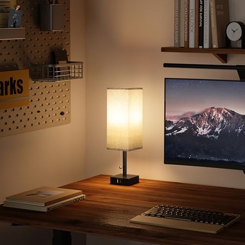 Set of 2 Grey Bedside Table Lamps for Bedroom - Nightstand Lamp, USB C+A - color: Gray & Black (2PCS), size: 14.3in