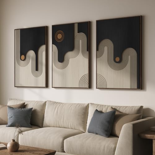Framed 3D Wood Abstract Geometric Textured Wall Decor Living Room, 24x36 In - color: Black Beige