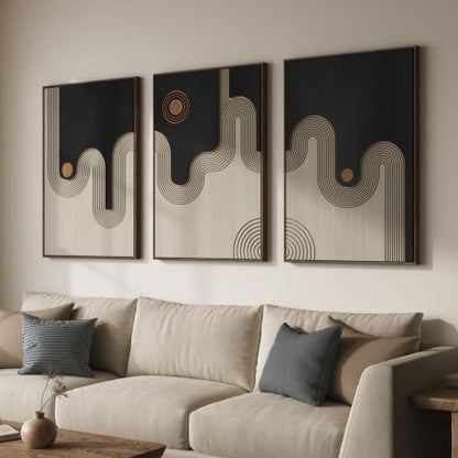 Framed 3D Wood Abstract Geometric Textured Wall Decor Living Room, 24x36 In - color: Black Beige