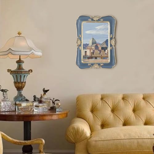 WINPLUS+ Vintage Picture Frame 5x7, Wall Mount and Tabletop Display, Art Gallery Gift (Blue and Gold 5x7) - style: Blue and Gold