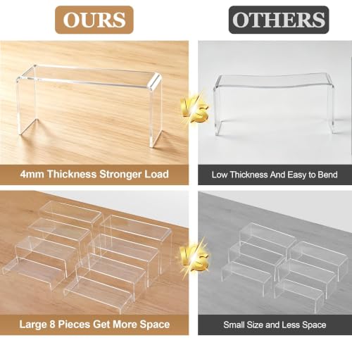 Acrylic Display Risers 8 Pcs 2 Set (7”L~8”L~9”L), Clear Rectangular Display Shelf for Dessert Table & Cupcake, Figures, Perfume, Collectibles, Shoe and More
