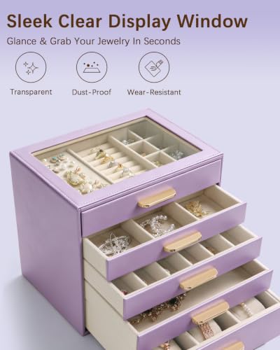 Homeanda Jewelry Boxes Organizer with Glass Lid, 5-Layer PU Leather, Purple - color: Lavender Purple, size: 5 Layer