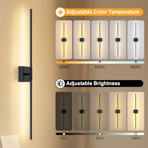 Battery Operated Wall Sconce, 3000K-6000K Dimmable Black Wall Lights with Remote Control, Timable LED Wireless Wall Sconces, 350° Ratate for Bathroom, Living Room, Hallway 39.4 Inch 1 Pack - color: Black, size: 39.4in(1 Pack)