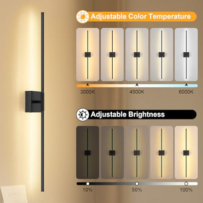 Battery Operated Wall Sconce, 3000K-6000K Dimmable Black Wall Lights with Remote Control, Timable LED Wireless Wall Sconces, 350° Ratate for Bathroom, Living Room, Hallway 39.4 Inch 1 Pack - color: Black, size: 39.4in(1 Pack)