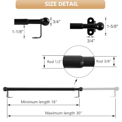 Cafe Curtain Rod 18-30 Inch, 1/2" Diameter, Door Curtain Rod, Black - color: Black, size: 18-30 Inch