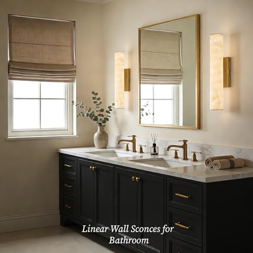 Alabaster Wall Sconce, 20in Linear Gold Brass Wall Sconces, Luxury Marble Look Bathroom Vanity Light, 3000K Dimmable Hardwired Wall Lamp for Living Room Bedroom Hallway, 1 Pack, Faux Alabaster - color: Gold-20in-1pcs