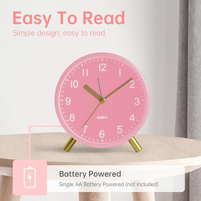 JALL Analog Alarm Clock, 4 inch Super Silent Non Ticking Small Clock with Night Light, Battery Operated, Simple Design, Easy Setting for Office, Bedroom, Bedside, Desk, Teens, Elders, Adult, Pink - color: Pink
