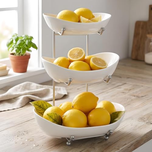3 Tier Fruit Basket for Kitchen Counter, Silver/White Ceramic Fruit Bowl for Countertop, Home Fruit Rack with Holder, Vegetable Bowl Snacks Nuts Bread Candy Storage (White)