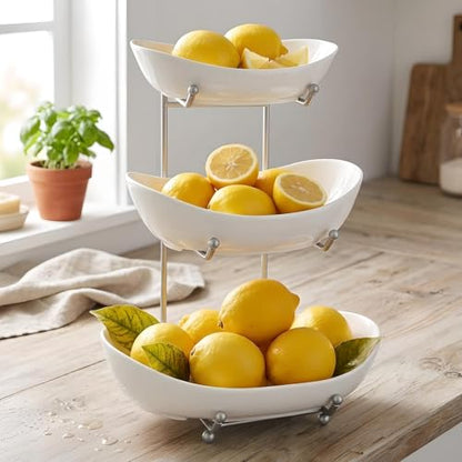 3 Tier Fruit Basket for Kitchen Counter, Silver/White Ceramic Fruit Bowl for Countertop, Home Fruit Rack with Holder, Vegetable Bowl Snacks Nuts Bread Candy Storage (White)