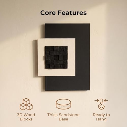 AMAATE 3D Textured Black Wood Geometric Relief Sandstone Framed Wall Art - color: black square