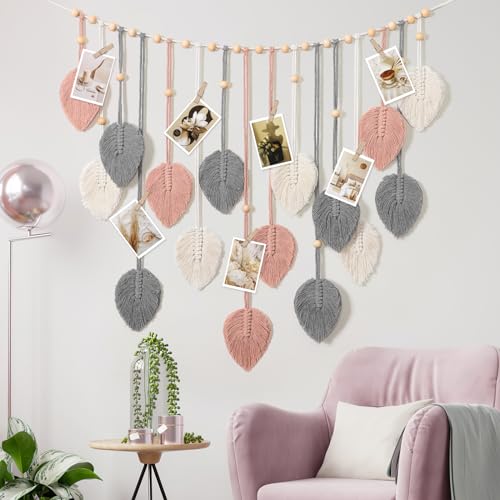 Betylifoy Macrame Wall Hanging Boho Pink Leaves Tapestry Wall Art Decor - color: Pink