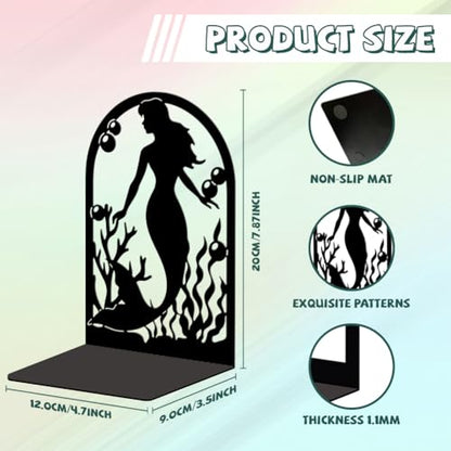 Peacoblue 5.3"x4.3"x7.9" Metal Bookends, Heavy Duty Book Ends for Shelves - style: Mermaid
