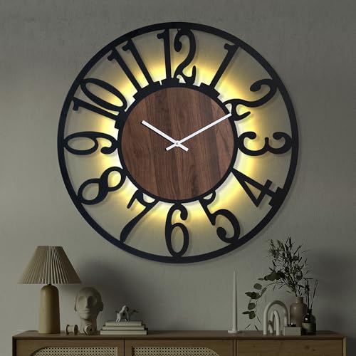 32" Silent Large Wall Clock – Glow Night Light, Battery Operated - color: Black Walnut - Arabic Numerals, size: 32 inch
