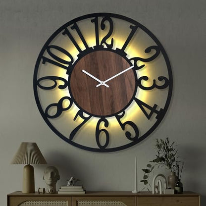 32" Silent Large Wall Clock – Glow Night Light, Battery Operated - color: Black Walnut - Arabic Numerals, size: 32 inch