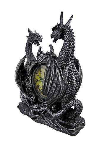 Mythical Dragon Duo Desk Clock in Metallic Look and Antique Face with Roman Numerals for Desktop, Shelf & Mantle As Gothic Medieval Decor Or Decorative Office Gifts