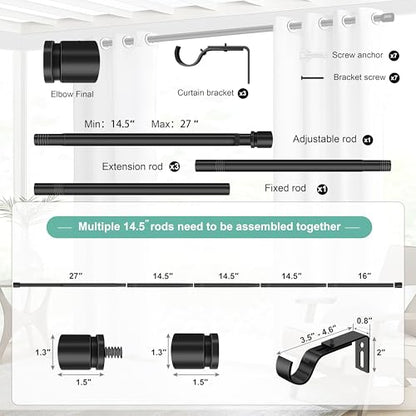 Ottsuls Curtain Rods for Windows, 32 to 74 or 85 Inches Max Adjustable Length, 1 Inch Diameter, Black Decorative Curtain Rod Set, Rustproof Heavy Duty Metal Pole with Brackets - size: 32" to 74"