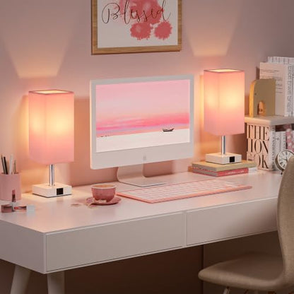 Touch Table Lamps Set of 2 for Bedroom - Dimmable, USB C+A, White Base - color: Pink & White(2PCS)