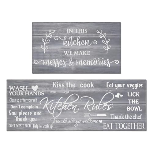 Farmhouse Kitchen Rug Sets of 2 Piece Non Slip Kitchen Rugs and Mats Washable Kitchen Mats for Kitchen Floor Mat Carpet Runner Rugs for Hallway Laundry Decor 17"x30"+17"x47" - color: Kitchen Rules-old Gray, size: 17" x 30" + 17" x 47" (Set of 2)