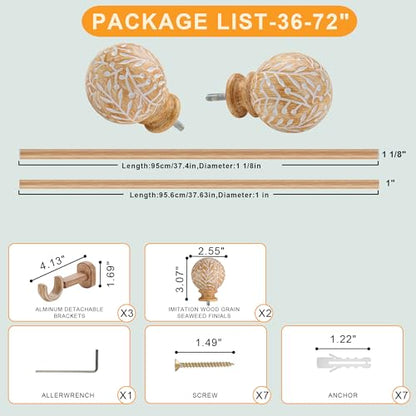 1-1/8 Inch Diameter Wood Curtain Rods for Windows 36 to 72 inch - Adjustable Seamless Aluminum Bracket - Heavy-Duty Boho Curtain Rods with Seaweed Finial - Light Wood Grain - color: Brown Wood Grain, size: 36-72"