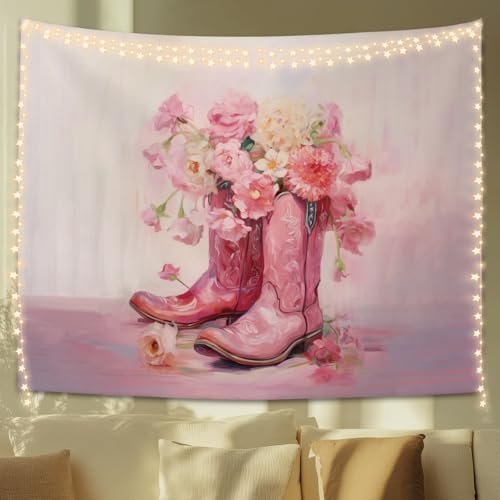 STHTTSW Floral Cowgirl Boot Tapestry, Preppy Pink Tapestries Wall Blanket, Girly Aesthetic Wall Hanging Decor for Teen Girl Women College Dorm Apartment Bedroom, 50x60 Inch - color: Cowgirl - 2