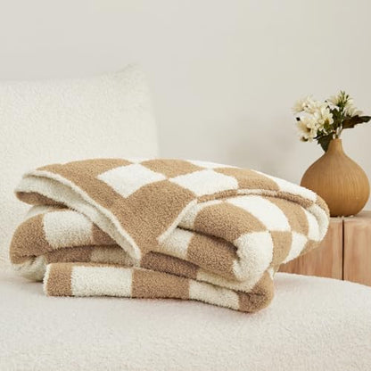 CozeCube Beige White Reversible Checkered Knit Throw Blanket 50"x60" - color: Khaki Tan, size: 50"x60"