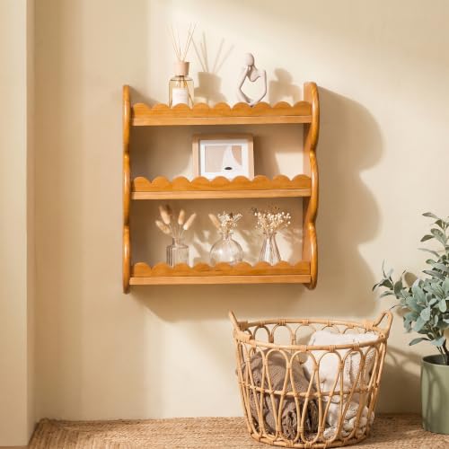 3-Tier Wood Wall Shelf, Scalloped Floating Shelves Storage Rack