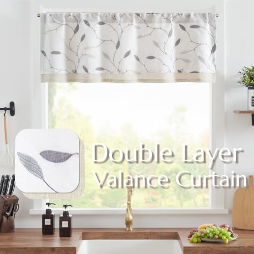 jinchan Sheer Valance for Window Gray Leaf Embroidered 18 Inch 1 Panel - color: Leaves | Grey on White