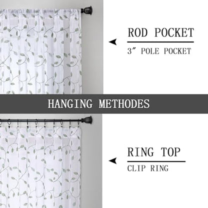 Tollpiz Leaves Sheer Tier Curtain Sage Green Leaf Embroidery Kitchen Half Curtains Rod Pocket Voile Faux Linen Embroidered Leaves Curtain for Bathroom, 30 x 36 inches Long, Set of 2 Panels - color: Sage Green, size: 30"W x 36"L (Pack of 2)