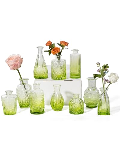 Olive Green Glass Bud Vases Set of 10, Wedding Table Centerpiece - color: Olive Green