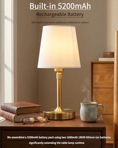 Cordless Table Lamp Rechargeable Touch Gold Mini Small Lamp Adjustable Height 5200mAh Battery Operated with Stepless Dimming Function for Bedroom Nightstand Bathroom Kitchen Counter Home Decoration - color: White - Gold