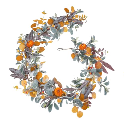 Fall Garland with Lights, 6FT Fall Leaves Garlands, Artificial Eucalyptus Garland with Pumpkins Berries for Home Mantle Fireplace Decor Thanksgiving Christmas Party Autumn Decoration (6FT)
