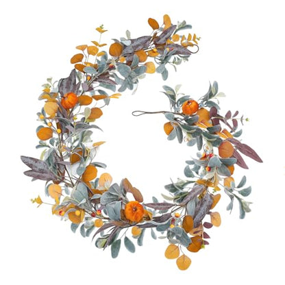 Fall Garland with Lights, 6FT Fall Leaves Garlands, Artificial Eucalyptus Garland with Pumpkins Berries for Home Mantle Fireplace Decor Thanksgiving Christmas Party Autumn Decoration (6FT)