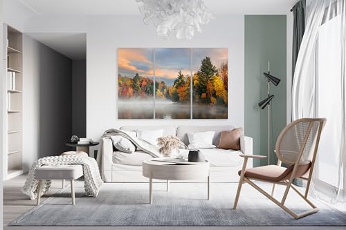 Nature Wall Art Prints - Ocean Forest Mountain Lake Canvas Landscapes - Small to Extra Large Living Room Bedroom Kitchen Bathroom Décor (Misty Fall Reflection, 35"L x 53"W - 3 Panels) - color: Misty Fall Reflection, size: 35"L x 53"W - 3 Panels