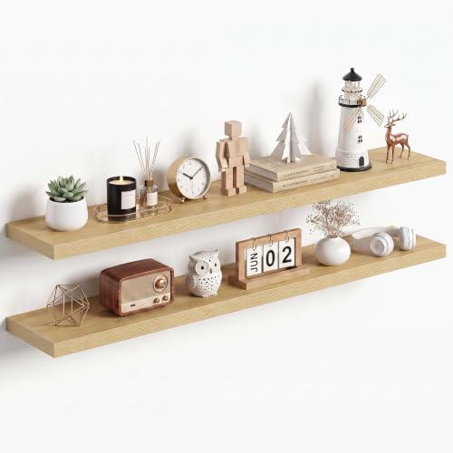 Dreamland 55Inch Oak Floating Shelves 10" Deep Wall Mounted Set of 2 - color: Oak, size: 10"D x 55"L
