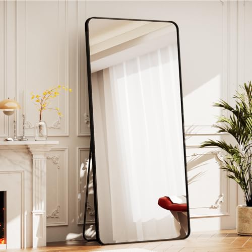 BEAUTYPEAK 71" x 26" Rounded Corner Full Length Mirror with Stand, Black - color: Black, size: 71"L x 26"W