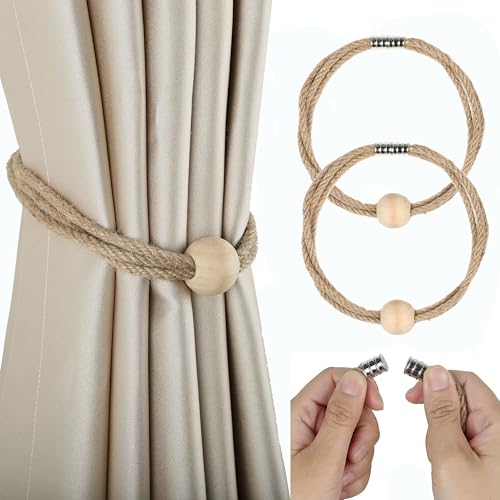 BEL AVENIR Jute Magnetic Curtain Tiebacks, Boho Farmhouse Curtain Tie Backs - color: Jute-1 Bead