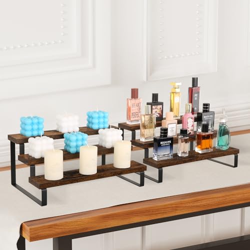 YINMIT Wooden Display Riser Stand, Tiered Perfume and Cologne Organizer Stand, 3 Tier Spice Rack Organizer, Rustic Display Shelf for Candles (3 Tier, 2 Pack) - color: 3 Tier,2 Pack,Brown