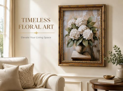 Vintage Gold Framed Hydrangea Wall Art Retro White Floral Canvas Wall Decor Vintage Hydrangea Picture Painting Rural Botanical Flower Print Artwrok for Living Room Bedroom Home Decor - color: White Hydrangea, size: 24"L x 16"W