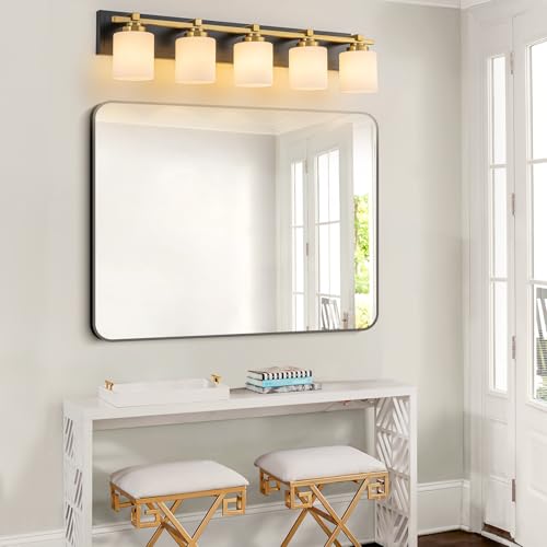 Modern Bathroom Light Fixtures Over Mirror, Vanity Lights for Bathroom Wall Sconces with Milky White Glass Shades, E26 Socket (Bulbs Not Included), 5 Light, Black Gold - color: Black Gold, size: 34.64 inch-5-Light