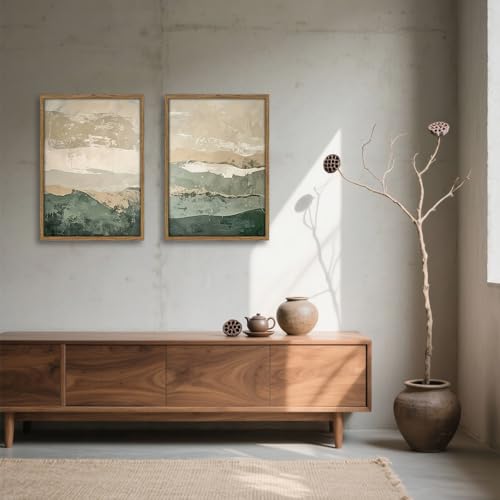 Green Abstract Landscape Wall Art Japanese Textured Mountain Canvas Print - color: Gray Green, size: 16x24 Inches