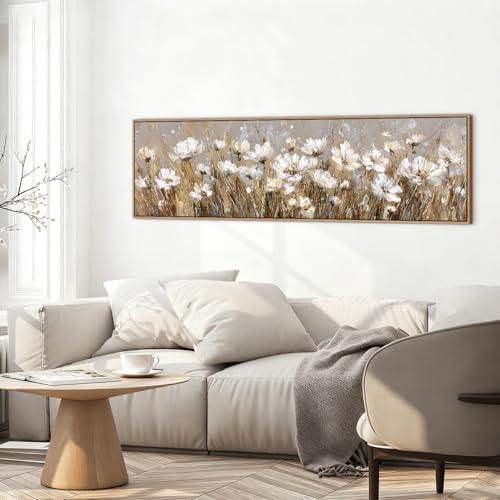 White Poppy Flower Wall Art Neutral Framed Abstract Floral Field Scenery Wall Decor for Living Room Bedroom Decorations Boho Farmhouse Botanical Plant Painting Canvas Prints Rustic Artwork 14x48” - color: Flower01