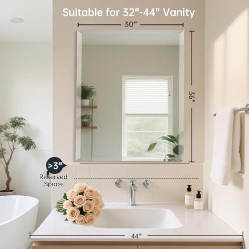 30x36 Inch Frameless Wall Mirror with 1" Beveled Edge, Frameless Rectangle Mirror for Bathroom, Vanity, Living Room - size: 30"L x 36"W